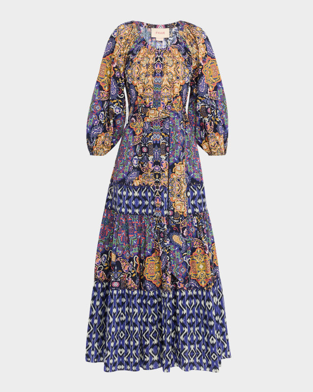 Johanna Multi-Print Tiered Midi Peasant Dress